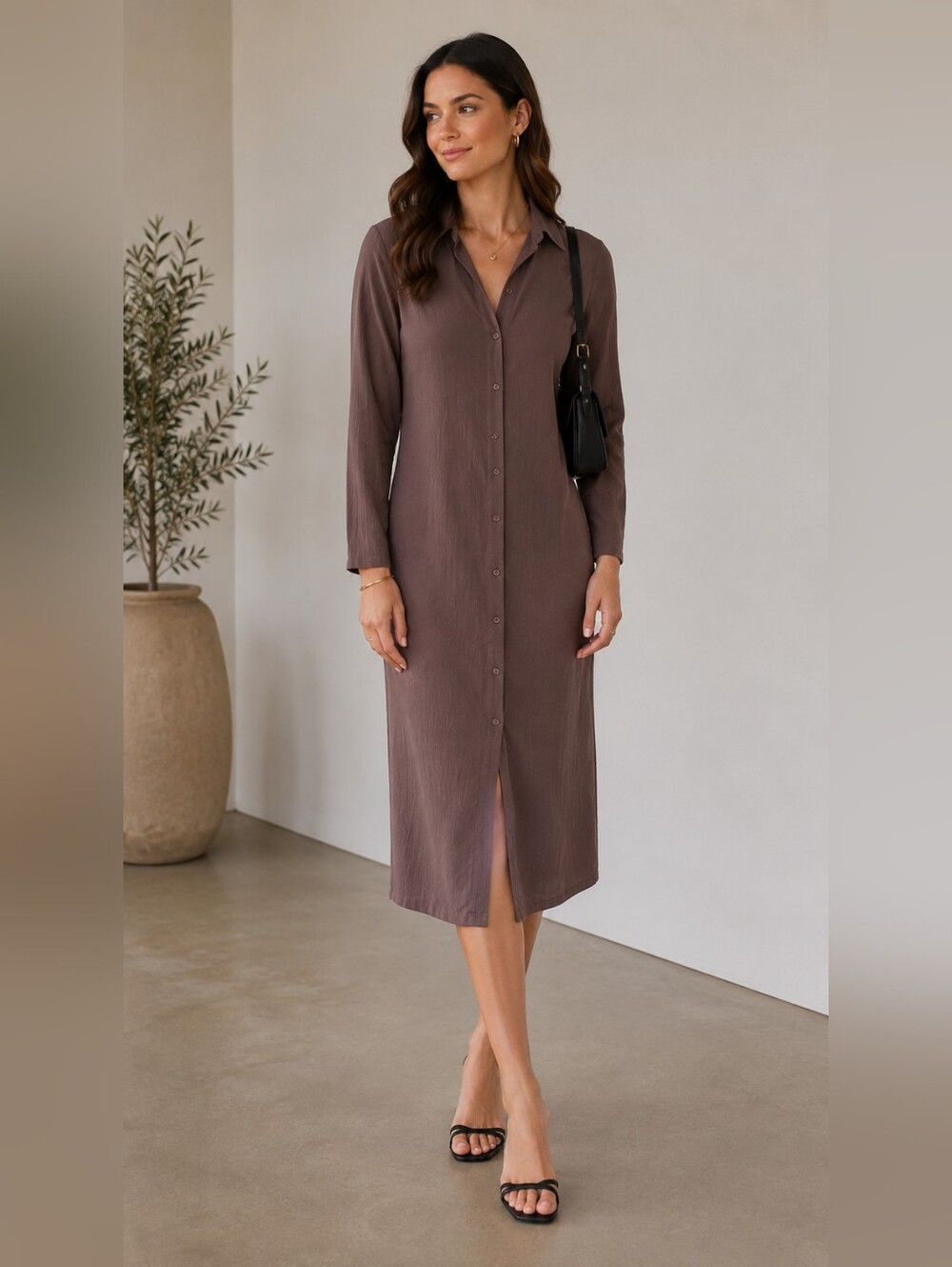 Oak + Fort Button-Front Midi Shirt Dress – Sparrow Brown, Like New